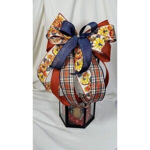 Pumpkin & Plaid Lantern Bow, Summer Fall Bow, Farmhouse Welcome Bow, Mailbox Bow